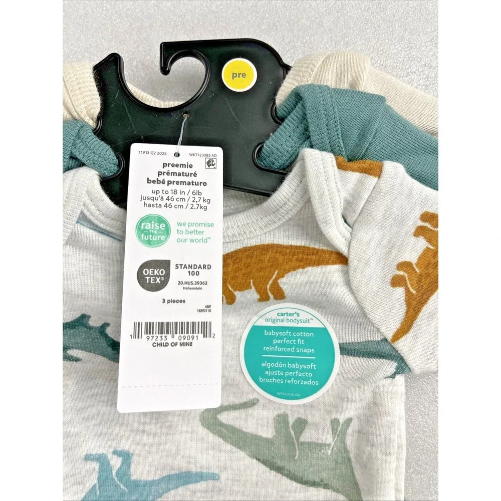 Carters Child Of Mine Baby Boy Dinosaur 5 Pieces - 3 Bodysuits & 2 Pants Preemie